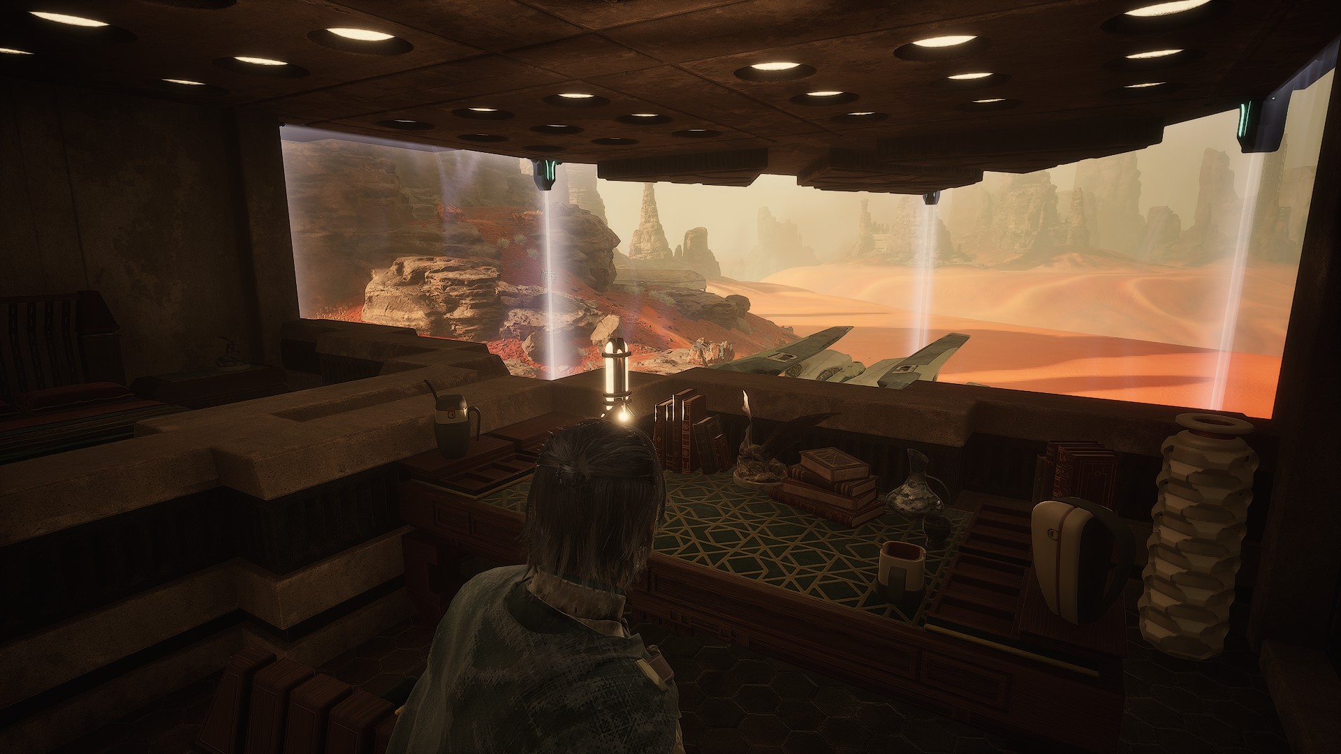 Desk view across the landing shield toward the basin