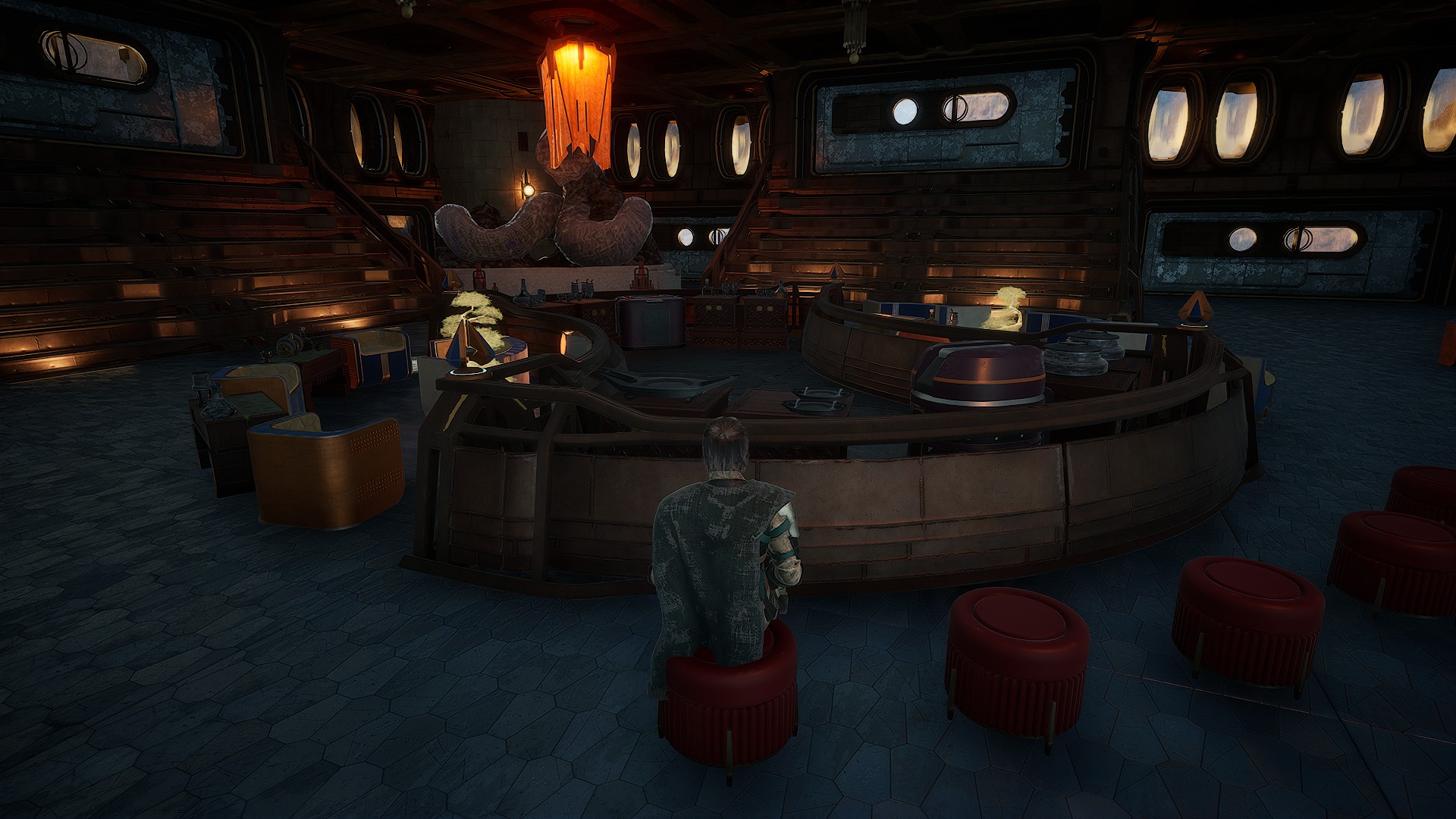 Circular bar and lounge area with warm lighting