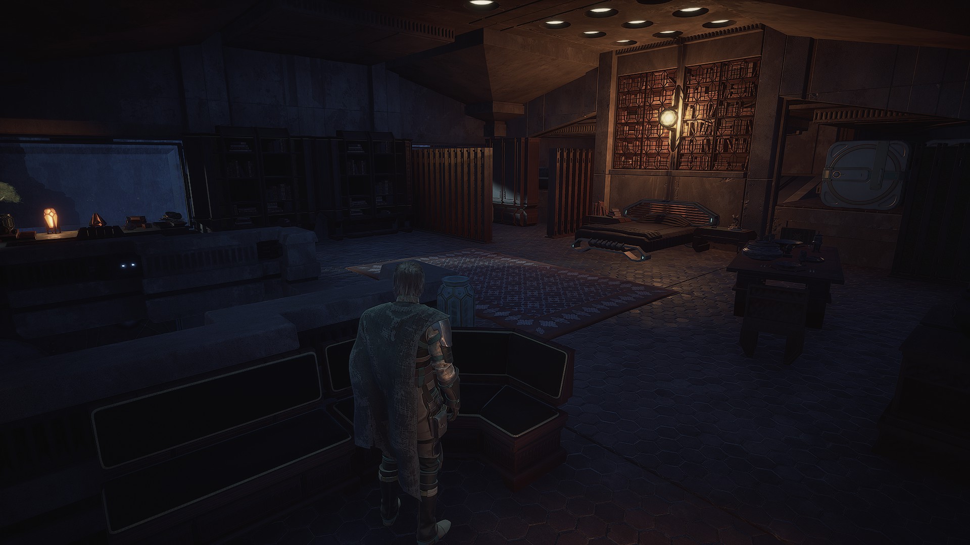 Private quarters with bed and warm lighting